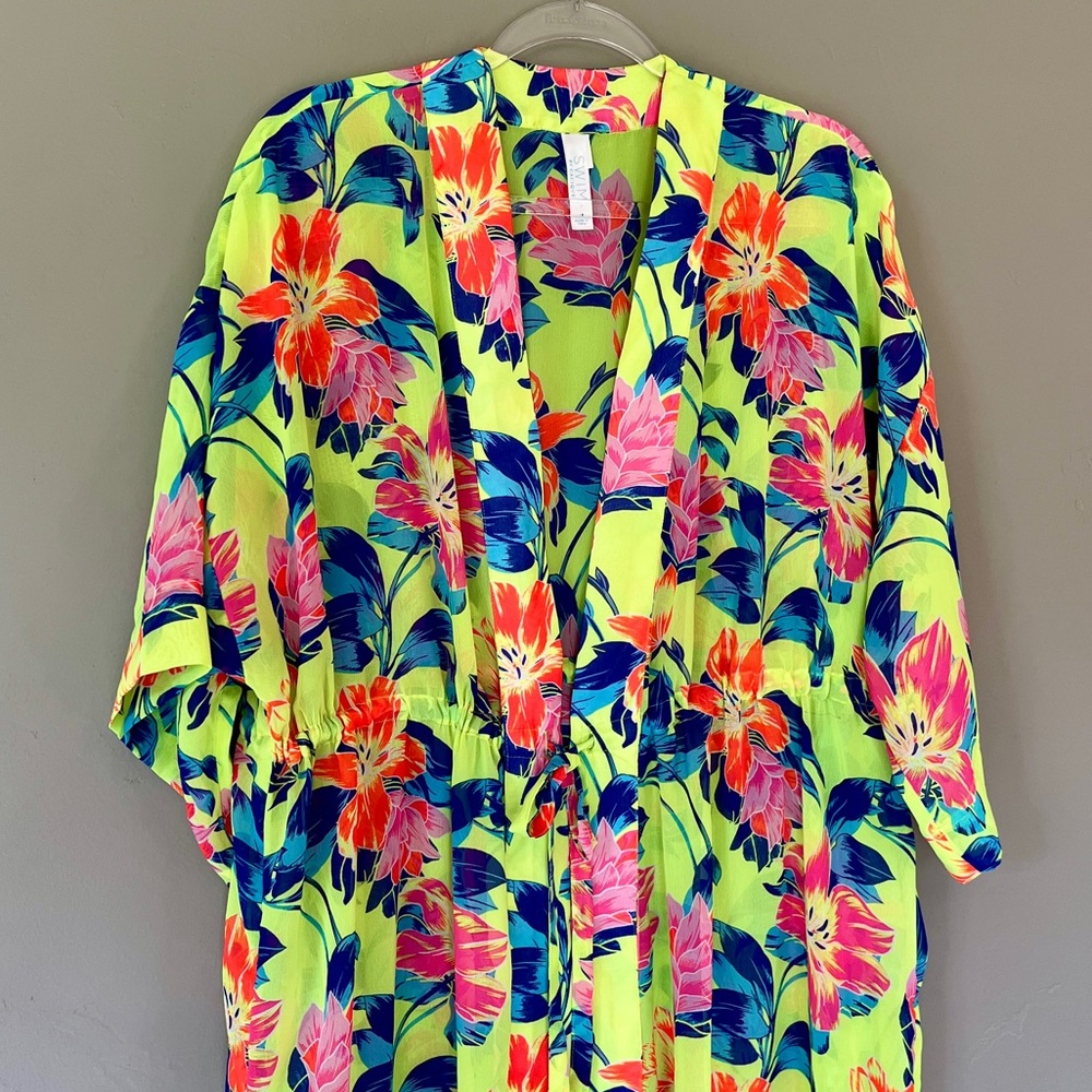 Cacique Swim Bright Floral Chiffon Kimono Duster Swim Resort Travel Coverup 12